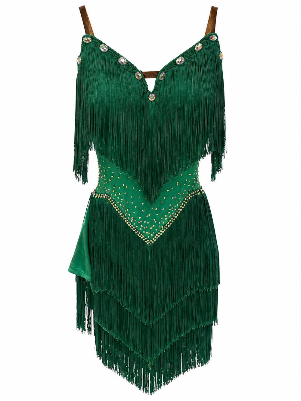 Emerald Fringe Embellished Mini Dress with Spaghetti Straps
